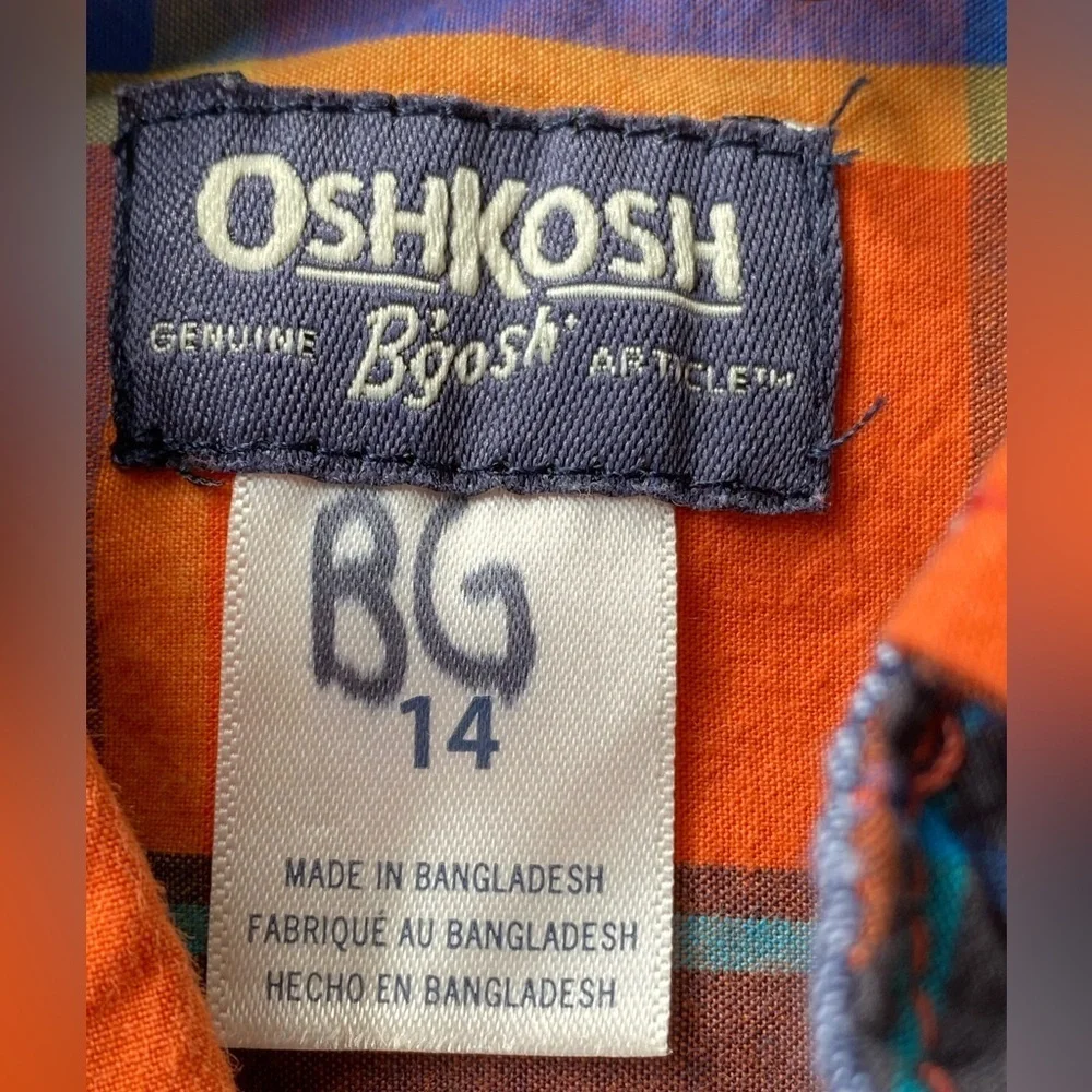 OshKosh B'Gosh Boys' Orange Blue Plaid Woven Buttonfront Cotton Shirt Size 14